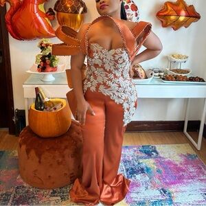 Elegant Orange Gown with White Floral Embroidery